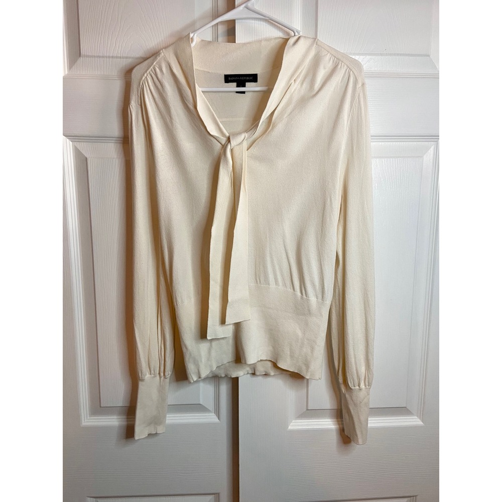 Banana Republic Women Cream Tie Neck Bishop Sleeve Ribbed Knit Sweater Small